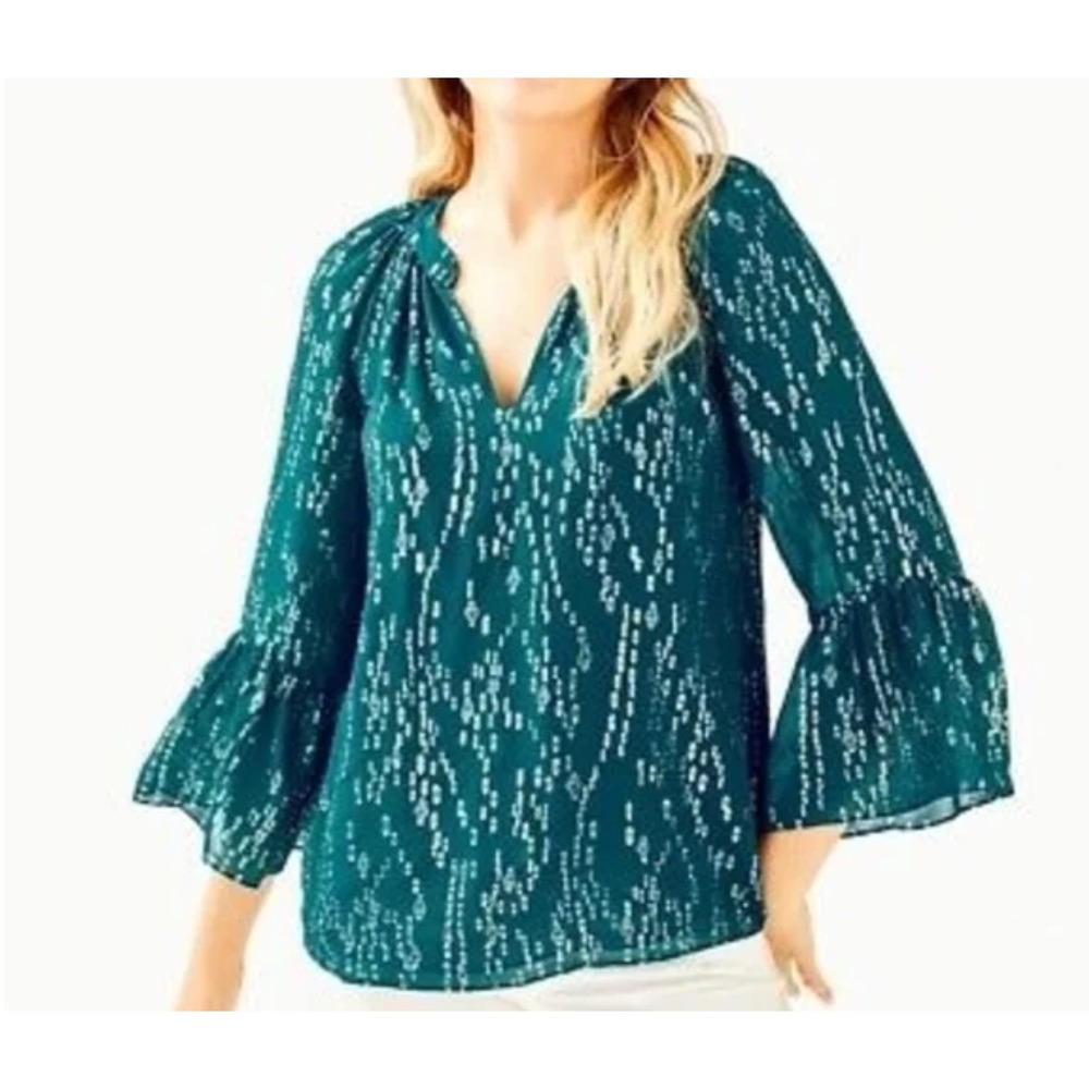 Lilly Pulitzer Matilda Silk Turquoise Metallic Fish Print Fairy Victorian Top XS - Picture 1 of 10